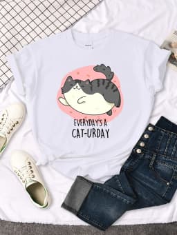 Chubby Little Gray Cat Cute Print T-Shirt Woman Kawaii Cartoon Blouses Women Fashion oversize Harajuku Shirt Funny Girl T Shirts