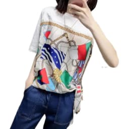 Western style silk short sleeve women's summer printed V-neck T-shirt satin slimming five - length sleeves over a large top