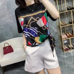Western style silk short sleeve women's summer printed V-neck T-shirt satin slimming five - length sleeves over a large top