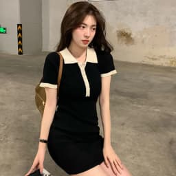Polo Dresses For Women 2022 Summer New Single Breasted Tight Dress Contrast Color One Pieces Korea Short Sleeve Slit Mini Skirt
