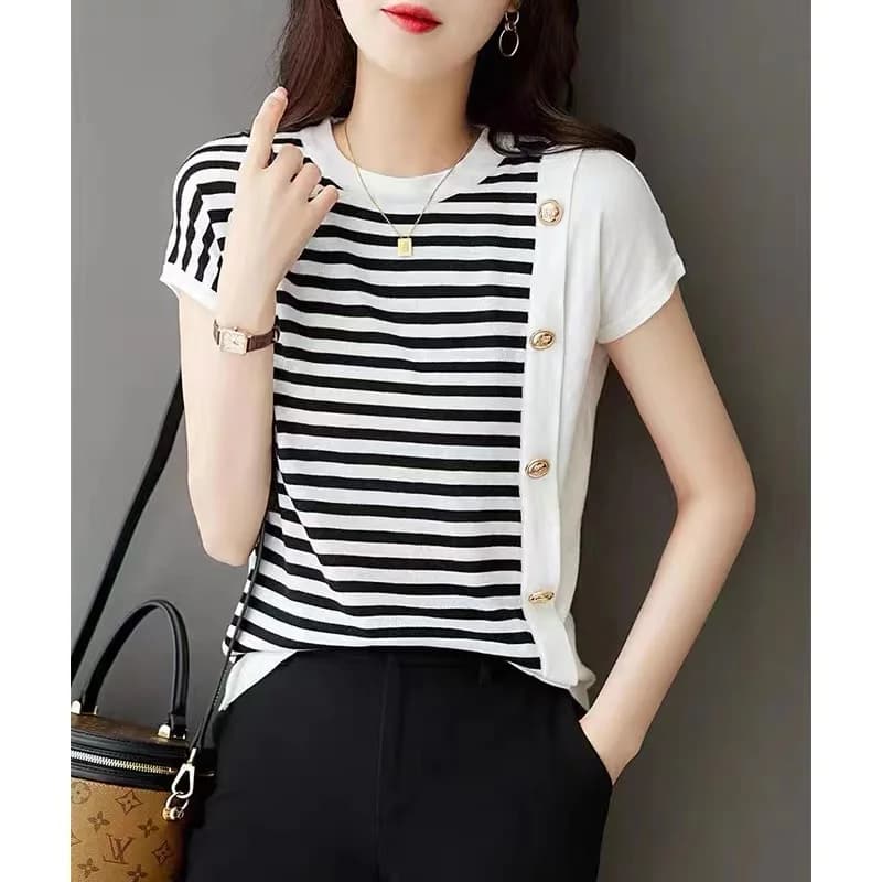 Fashionable new knit short sleeve women's ice silk shirt round collar black and white striped cotton T-shirt loose half sleeve