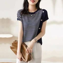 Fashionable new knit short sleeve women's ice silk shirt round collar black and white striped cotton T-shirt loose half sleeve