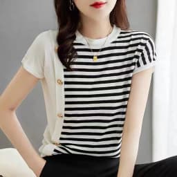 Fashionable new knit short sleeve women's ice silk shirt round collar black and white striped cotton T-shirt loose half sleeve
