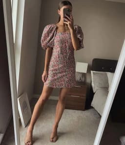 Zevity Women Vintage Floral Vestidos Print Puff Sleeve Mini Dress Female Square Collar Casual Slim Streetwear Dresses DS3957