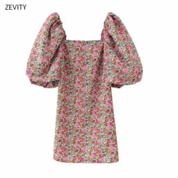 Zevity Women Vintage Floral Vestidos Print Puff Sleeve Mini Dress Female Square Collar Casual Slim Streetwear Dresses DS3957