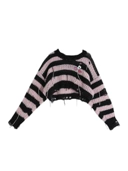 Pink Striped Gothic Sweaters Women Ripped Holes Loose Knitted Pullover Frayed Fairy Grunge Jumpers Streetwear Crop Tops Ladies