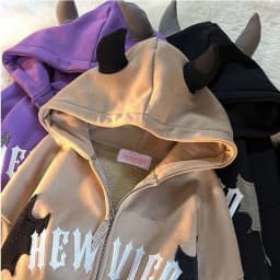 Hip Hop Dark Bat Wing Devil Horn Gothic Zip Up Hoodie Jacket Men Women Oversized Sweatshirt Kawaii Clothes Harajuku Winter Y2K