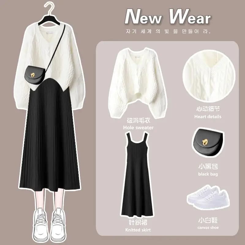 Autumn and Winter Women's Two Piece Set 2022 New Women Knitting Korean Elegant Solid Sweater+Dress Autumn Winter Clothing Suit
