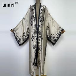 WINYI new bright fashion printing sweet lady beach Bohemian long Cardigan Cover-up stitch Casual Boho Maxi Holiday party kimono
