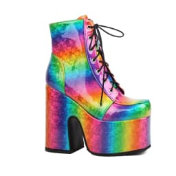 Rainbow Glossy Patent Leather Super Platform Fashion Short Boots Square Toe Super Chunky Heel Punk Style Bat Print Women's Boots