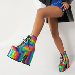 Rainbow Glossy Patent Leather Super Platform Fashion Short Boots Square Toe Super Chunky Heel Punk Style Bat Print Women's Boots
