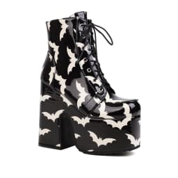 Rainbow Glossy Patent Leather Super Platform Fashion Short Boots Square Toe Super Chunky Heel Punk Style Bat Print Women's Boots