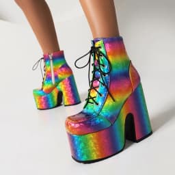 Rainbow Glossy Patent Leather Super Platform Fashion Short Boots Square Toe Super Chunky Heel Punk Style Bat Print Women's Boots
