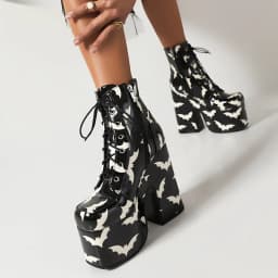 Rainbow Glossy Patent Leather Super Platform Fashion Short Boots Square Toe Super Chunky Heel Punk Style Bat Print Women's Boots