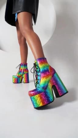 Rainbow Glossy Patent Leather Super Platform Fashion Short Boots Square Toe Super Chunky Heel Punk Style Bat Print Women's Boots