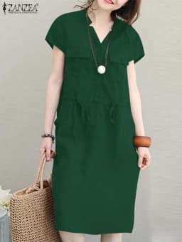 ZANZEA Summer Short Sleeve Solid Knee-length Dress Fashion Women V Neck Casual Drawstring Waist Vestidos Party Beach Sundress