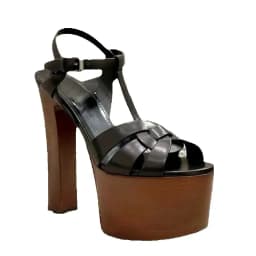 Surkova Wooden Pattern Chunky Heel Platform Sandals Black Matte Leather T-Strap Dress Shoes Cross Strappy Open Toe Banquet Pumps