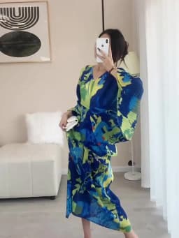 Miyaki Fold Dress for Women, Elegant Dress, V-neck, Bat-Sleeve, Printed Loose Dress, High-Grade, Spring and Autumn Fashion, 2022