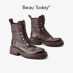 BeauToday Ankle Boots Women Horse Leather Waxing Round Toe Zippers Metal Decoration Platform Ladies Booties Handmade 04469