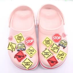 1-16pcs PVC Shoe Charms Yellow Car Slogan Red STOP Accessories Shoes Button Decoration Fit Boys Girls Party Present