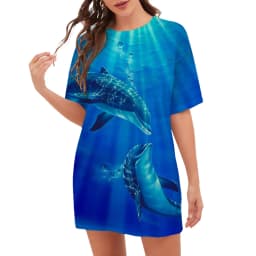 Whale Dolphin 3D Print Dress Summer Scenery Beach Style Ocean Vegan Dress Oversized Women Casual Short Sleeve Graphic Dresses