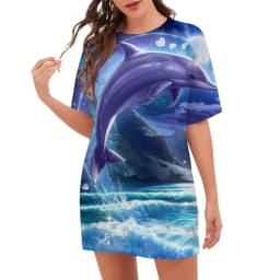 Whale Dolphin 3D Print Dress Summer Scenery Beach Style Ocean Vegan Dress Oversized Women Casual Short Sleeve Graphic Dresses