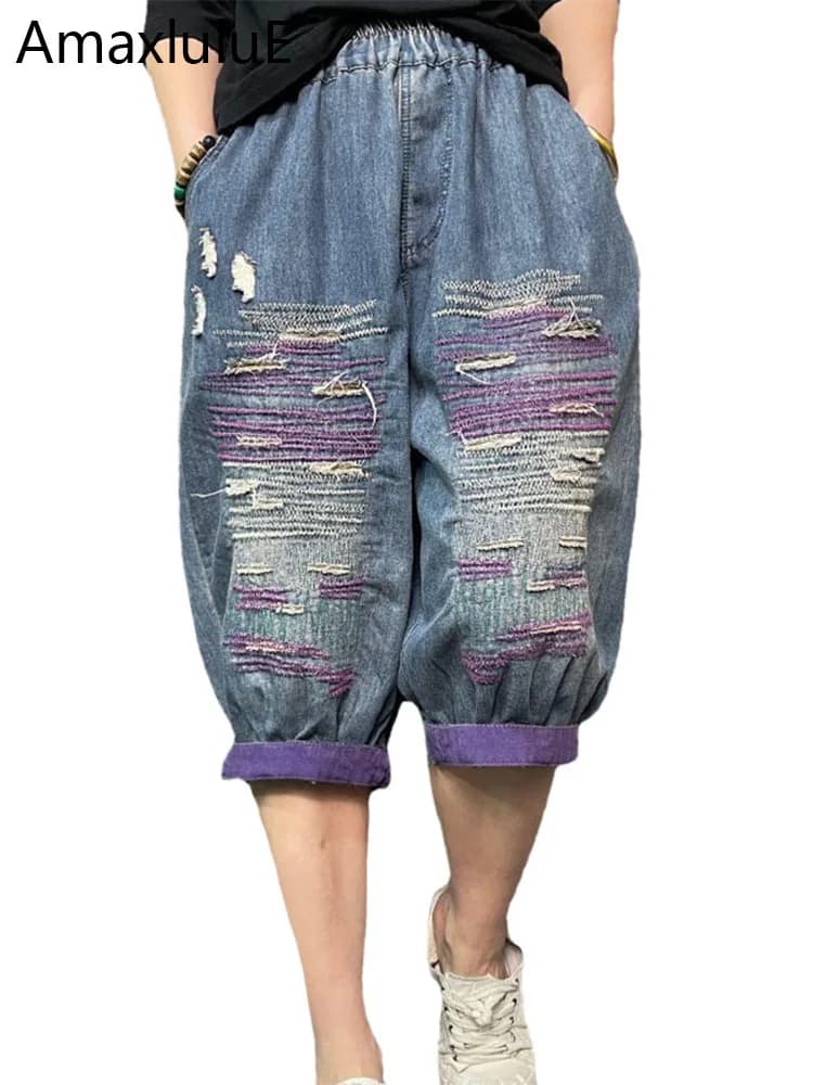 Amax LuluE 2025 Streetwear Womens Summer Fashion Loose Ripped Jeans Ladies Casual Vintage Luxury Denim Pants Punk Harem Trousers