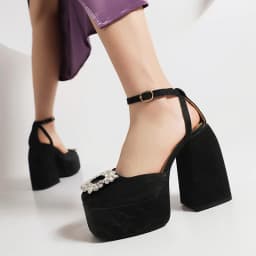 Plus Size Square Toe Super High Thick Heel Rhinestone Decal Hollow Sexy Women's Sandals Satin Fabric Ankle Strap Platform Sandal