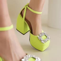 Plus Size Square Toe Super High Thick Heel Rhinestone Decal Hollow Sexy Women's Sandals Satin Fabric Ankle Strap Platform Sandal