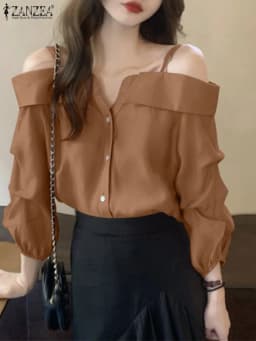 ZANZEA Fashion Long Sleeve Shirts Women Sexy Off Shoulder Blouse Vintage Straps Button Tops 2023 Autumn Pleats Solid Loose Tunic