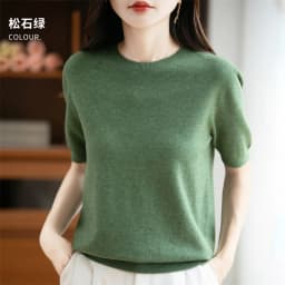 First-Line Ready-To-Wear Sweater Women's 100 Pure Wool Knitted Short-Sleeved T-Shirt Round Neck Thin Sweater Loose Half-Sleeve
