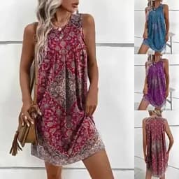 Vintage Women Sleeveless Geometry Printed Ethnic Style Dress Summer Tank Beach Loose Mini Dress Casual Fashion Clothing Vestidos