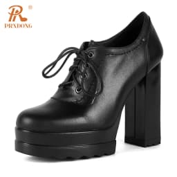 PRXDONG Genuine Cow Leather Spring Autumn Women Shoes Chunky HIgh Heels Platform Black Beige Dress Party Office Lady Shoes Pumps