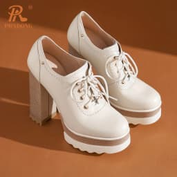 PRXDONG Genuine Cow Leather Spring Autumn Women Shoes Chunky HIgh Heels Platform Black Beige Dress Party Office Lady Shoes Pumps