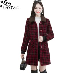 UHYTGF XL-6XL Winter Coat Women Fashion Stitching Medium Length Plaid Woolen Jacket Female Korean Slim Warm Ladies Overcoat 2261