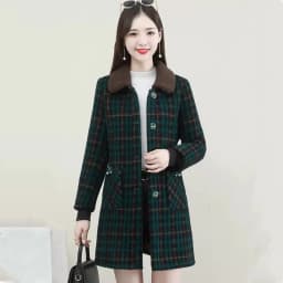 UHYTGF XL-6XL Winter Coat Women Fashion Stitching Medium Length Plaid Woolen Jacket Female Korean Slim Warm Ladies Overcoat 2261