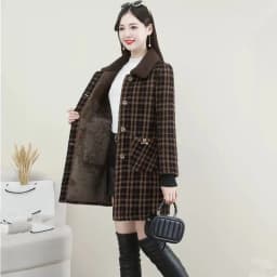 UHYTGF XL-6XL Winter Coat Women Fashion Stitching Medium Length Plaid Woolen Jacket Female Korean Slim Warm Ladies Overcoat 2261