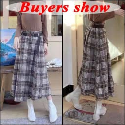 Lucyever Autumn Winter Thicken Long Skirt Women Vintage High Waist Irregular Plaid Skirts Female Elegant with Belt A-Line Skirts