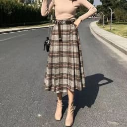 Lucyever Autumn Winter Thicken Long Skirt Women Vintage High Waist Irregular Plaid Skirts Female Elegant with Belt A-Line Skirts