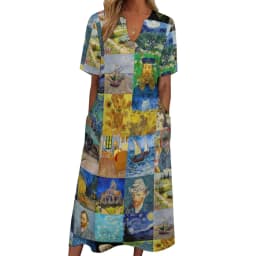Vincent Van Gogh Dress Patchwork Print Party Maxi Dress Short Sleeve Graphic Bohemia Long Dresses Streetwear Oversize Clothing