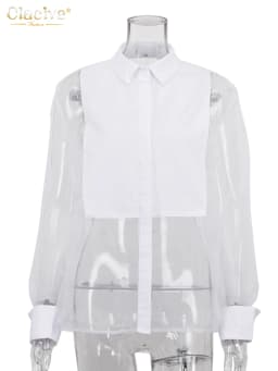 Clacive Fashion Woman Blouse 2023 Sexy Lapel Long Sleeve Office Shirts Elegant Mesh Patchwork See Through Tops Female Clothing