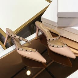 Heeled Sandals Summer 2026 Women's Shoes Luxury Rivet Slippers Patent Leather Pointed Toe Comfortable Elegant Casual Ladies Shoe