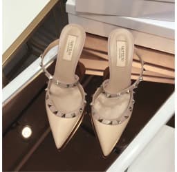 Heeled Sandals Summer 2026 Women's Shoes Luxury Rivet Slippers Patent Leather Pointed Toe Comfortable Elegant Casual Ladies Shoe