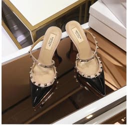 Heeled Sandals Summer 2026 Women's Shoes Luxury Rivet Slippers Patent Leather Pointed Toe Comfortable Elegant Casual Ladies Shoe