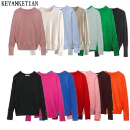 KEYANKETIAN Women's O-Necked Long Sleeves With Buttons Pullover Sweater Female Casual Solid High-Stretch Shirts Chic Ladies Top