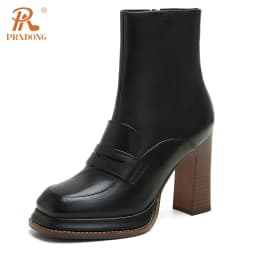 PRXDONG Brand Genuine Cow Leather Shoes Woman Ankle Boots Chunky High Heels Platform Black Brown Retro Autumn WInter Warm Shoes