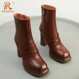 PRXDONG Brand Genuine Cow Leather Shoes Woman Ankle Boots Chunky High Heels Platform Black Brown Retro Autumn WInter Warm Shoes