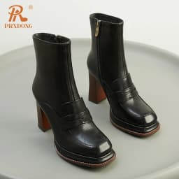 PRXDONG Brand Genuine Cow Leather Shoes Woman Ankle Boots Chunky High Heels Platform Black Brown Retro Autumn WInter Warm Shoes