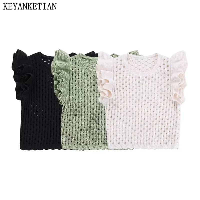 KEYANKETIAN Summer New Women's Hollow Crochet Short Sleeve Knitwear Boho Style Cascading Sweet O-Neck Light Sweater Crop Top