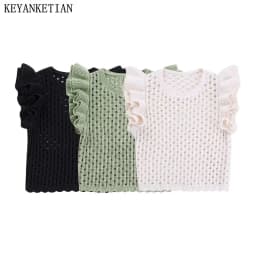 KEYANKETIAN Summer New Women's Hollow Crochet Short Sleeve Knitwear Boho Style Cascading Sweet O-Neck Light Sweater Crop Top